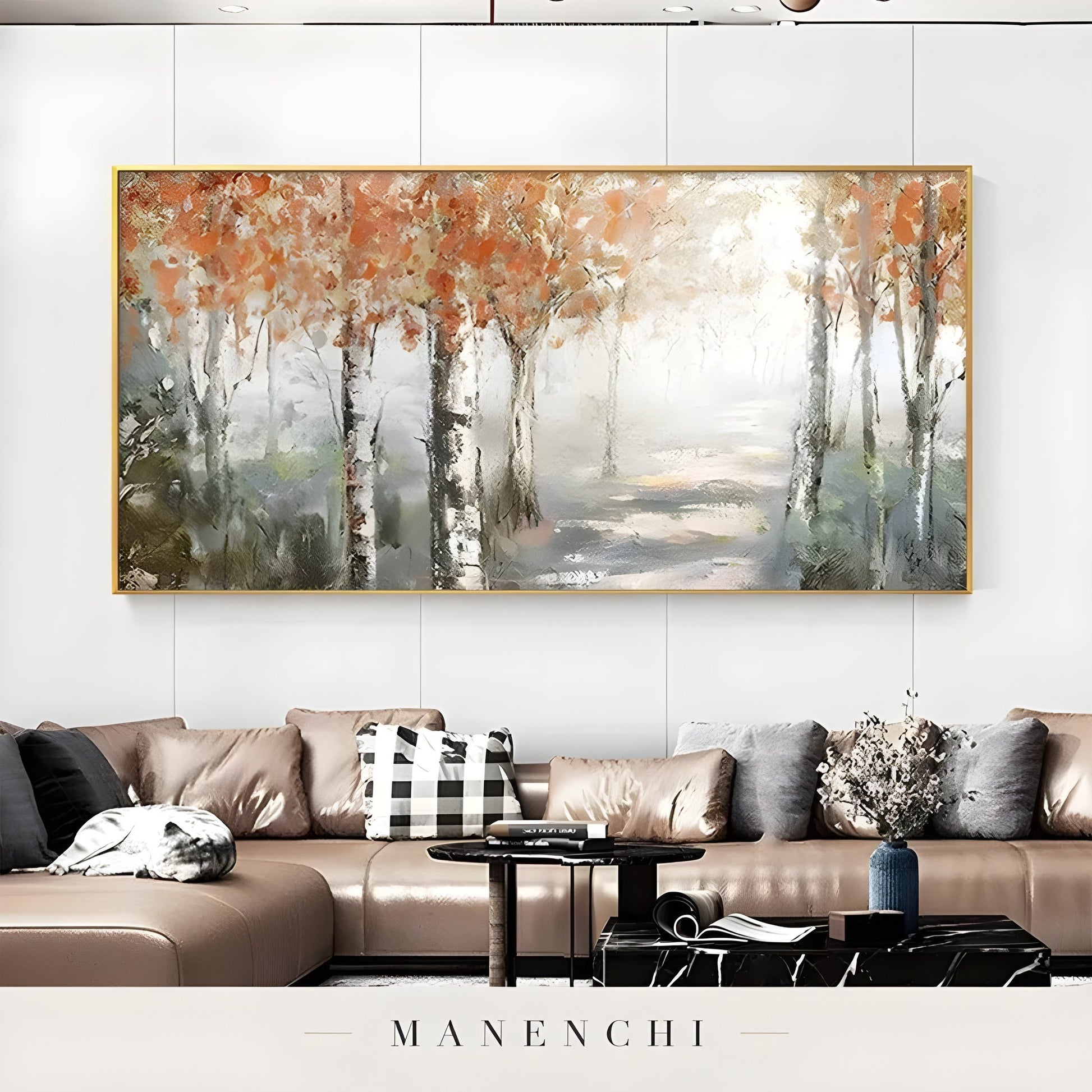 Autumnal Birch Reverie abstract painting displayed in golden framed art living room