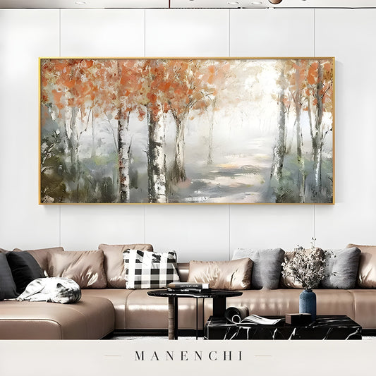 Autumnal Birch Reverie abstract painting displayed in golden framed art living room