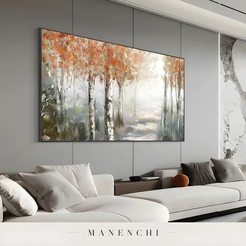 Autumnal Birch Reverie abstract painting displayed in painting above modern sofa