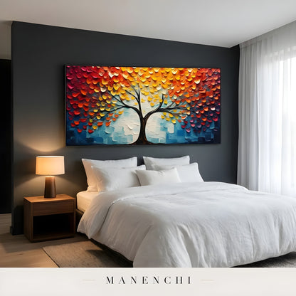 Autumnal Canopy Radiance abstract painting displayed in bedroom with painting