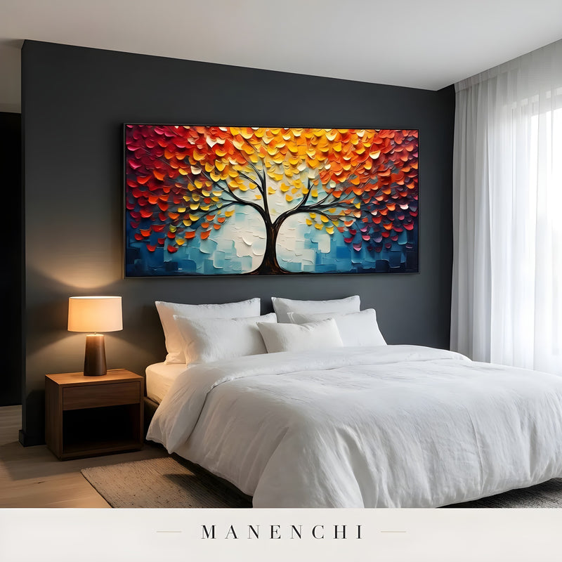 Autumnal Canopy Radiance abstract painting displayed in bedroom with painting