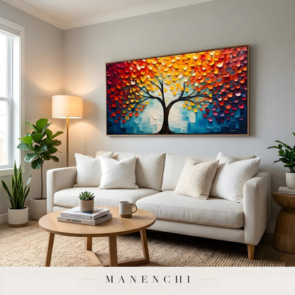 Autumnal Canopy Radiance abstract painting displayed in bright living room decor