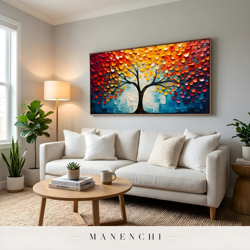 Autumnal Canopy Radiance abstract painting displayed in bright living room decor