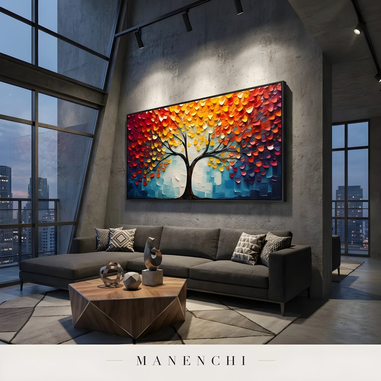 Autumnal Canopy Radiance abstract painting displayed in modern living room