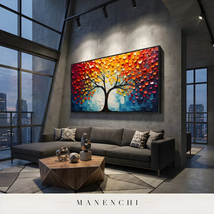 Autumnal Canopy Radiance abstract painting displayed in modern living room