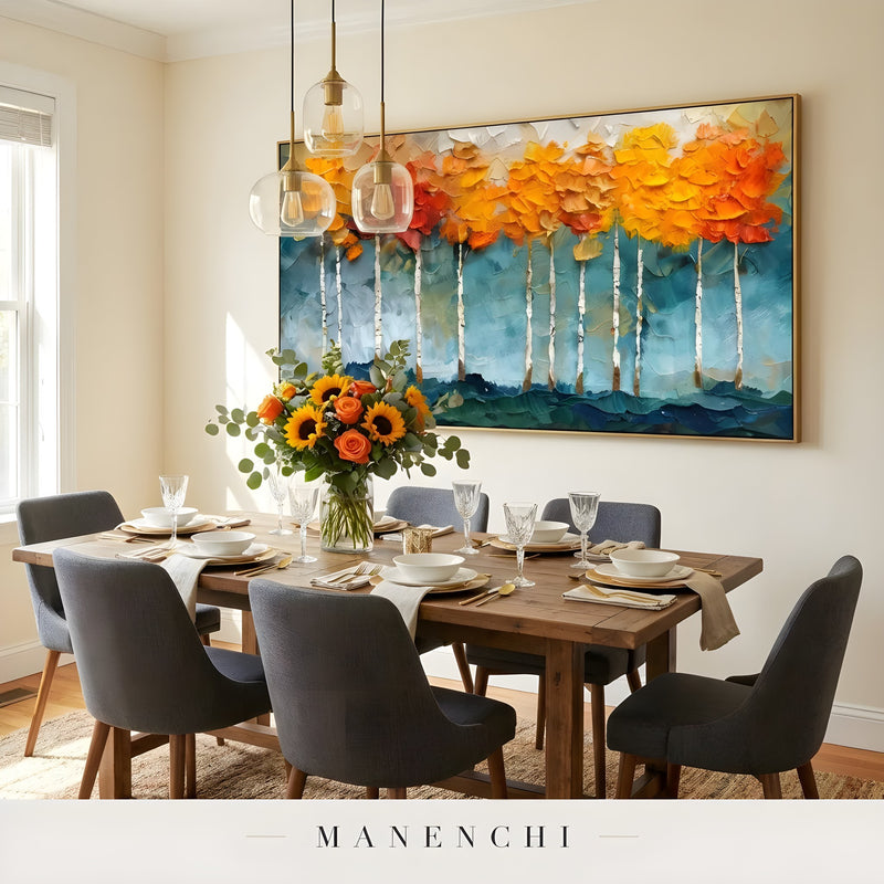 Autumnal Woodland Resonance abstract painting displayed in dining room painting display