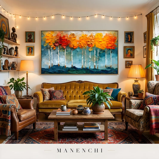 Autumnal Woodland Resonance abstract painting displayed in living room gallery wall