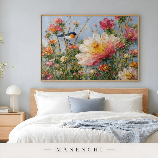 Avian Blossom Serenade abstract painting displayed in bedroom wall art