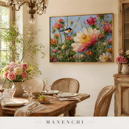 Avian Blossom Serenade abstract painting displayed in dining room table