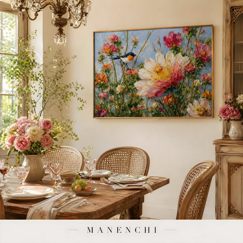 Avian Blossom Serenade abstract painting displayed in dining room table