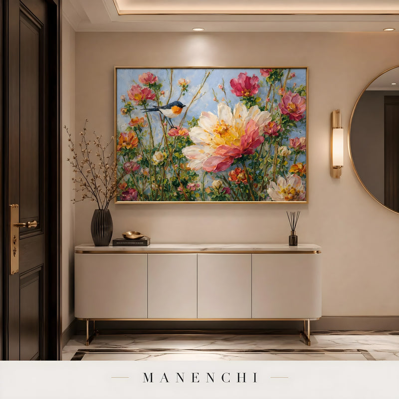 Avian Blossom Serenade abstract painting displayed in entryway console table