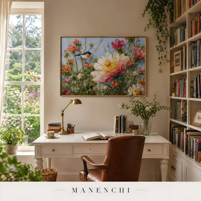 Avian Blossom Serenade abstract painting displayed in home office desk