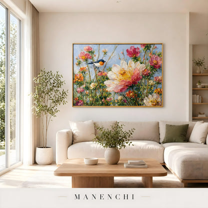 Avian Blossom Serenade abstract painting displayed in living room sofa