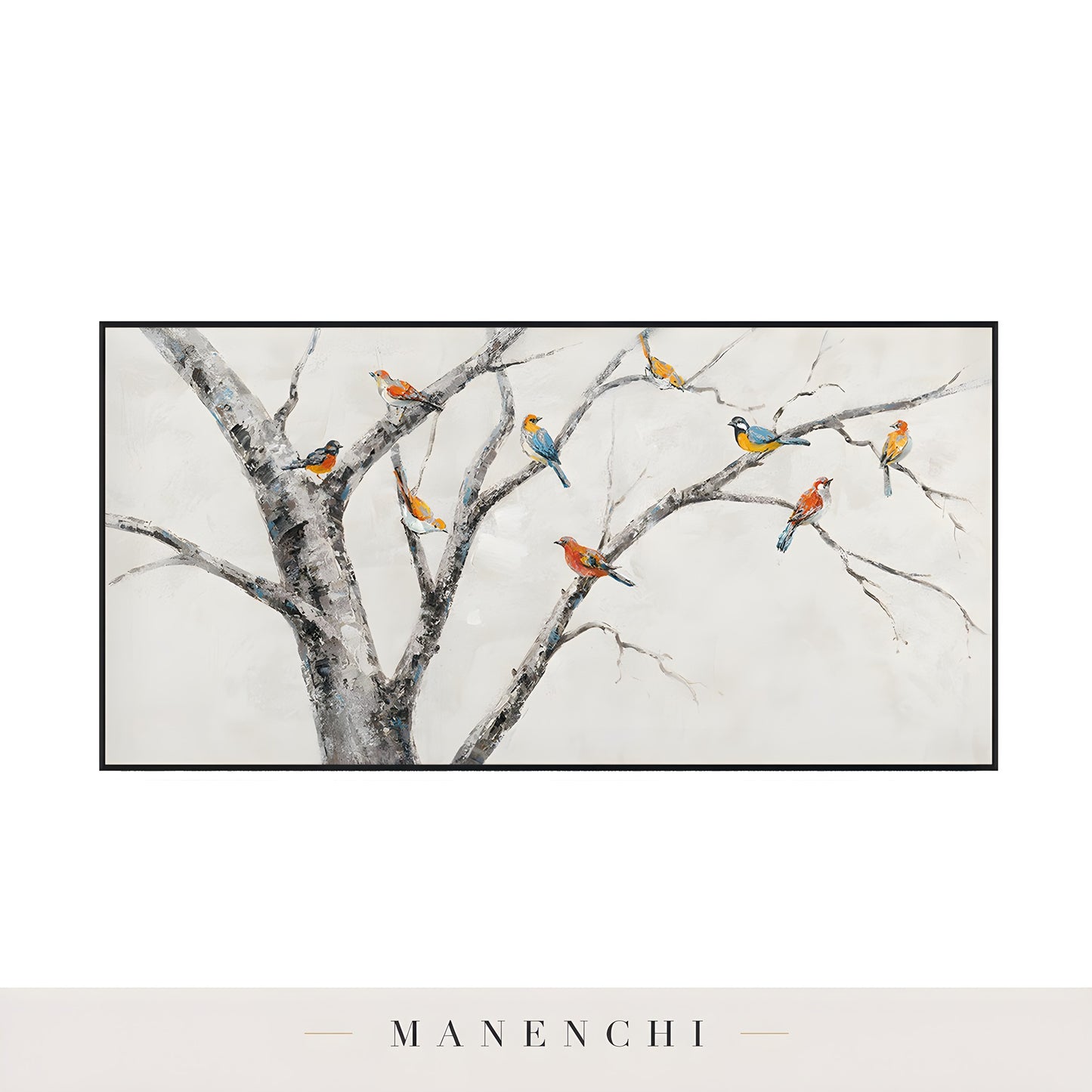 Avian Orchard Quartet abstract painting displayed in isolated artwork frame