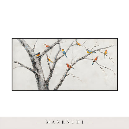 Avian Orchard Quartet abstract painting displayed in isolated artwork frame