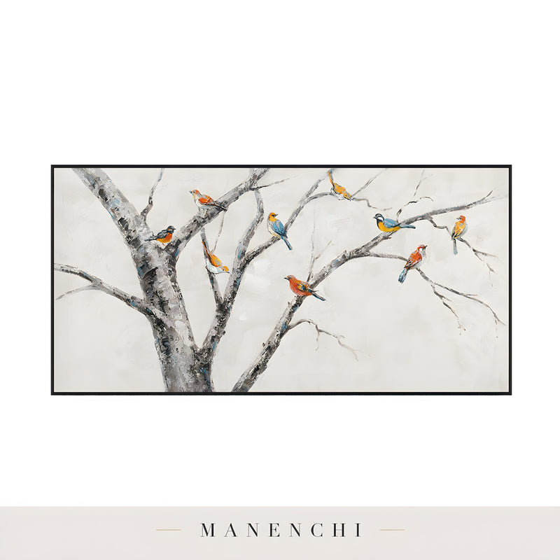 Avian Orchard Quartet abstract painting displayed in isolated artwork frame