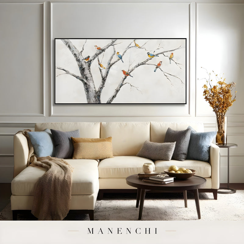Avian Orchard Quartet abstract painting displayed in living room sectional sofa