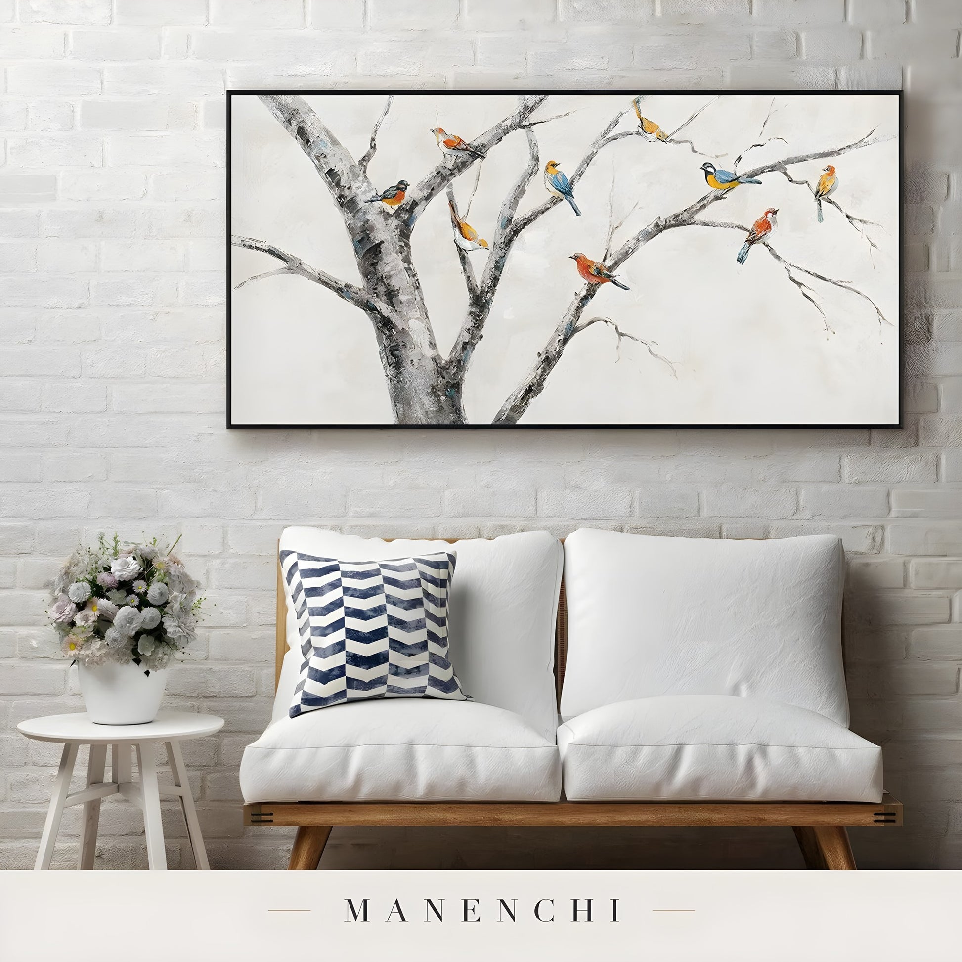 Avian Orchard Quartet abstract painting displayed in living room sofa display