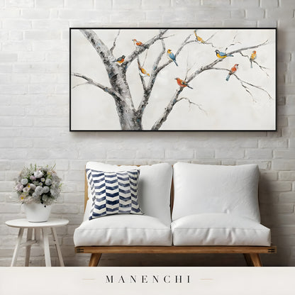Avian Orchard Quartet abstract painting displayed in living room sofa display