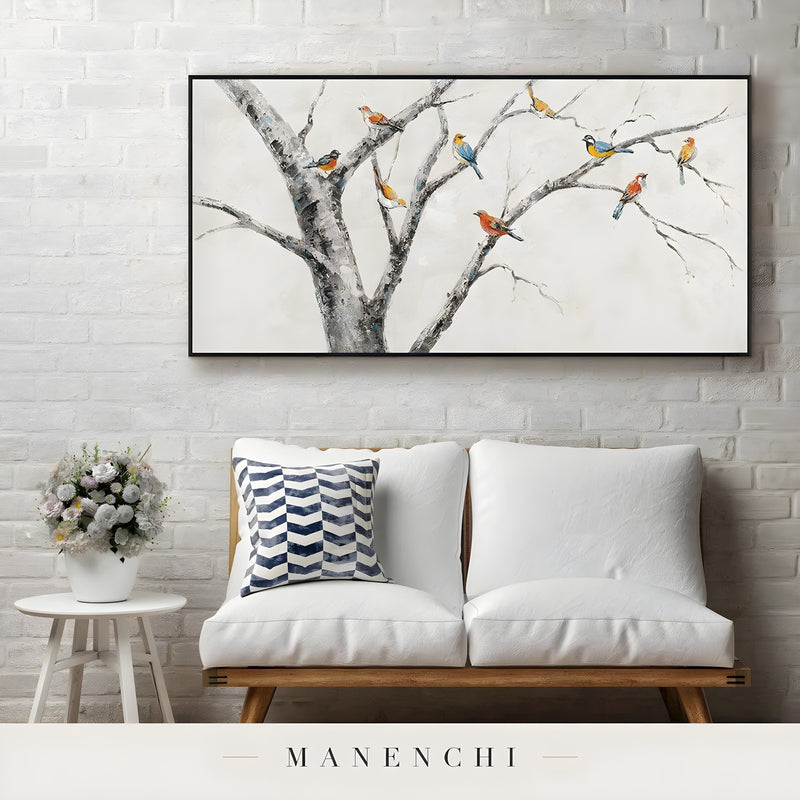 Avian Orchard Quartet abstract painting displayed in living room sofa display
