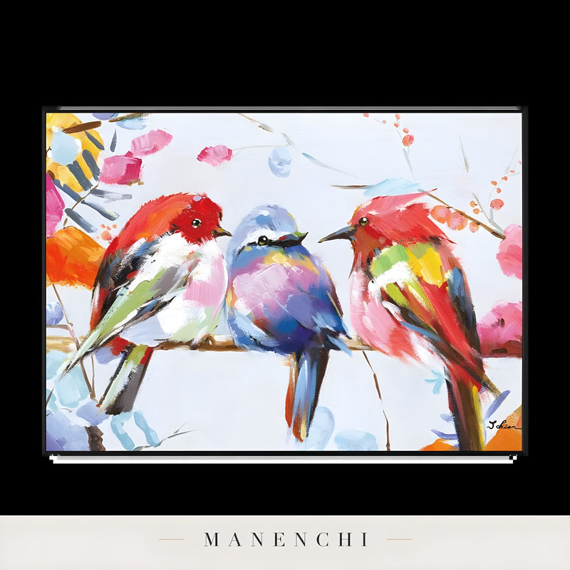 Avian Prism Trio abstract painting displayed in framed painting isolated view