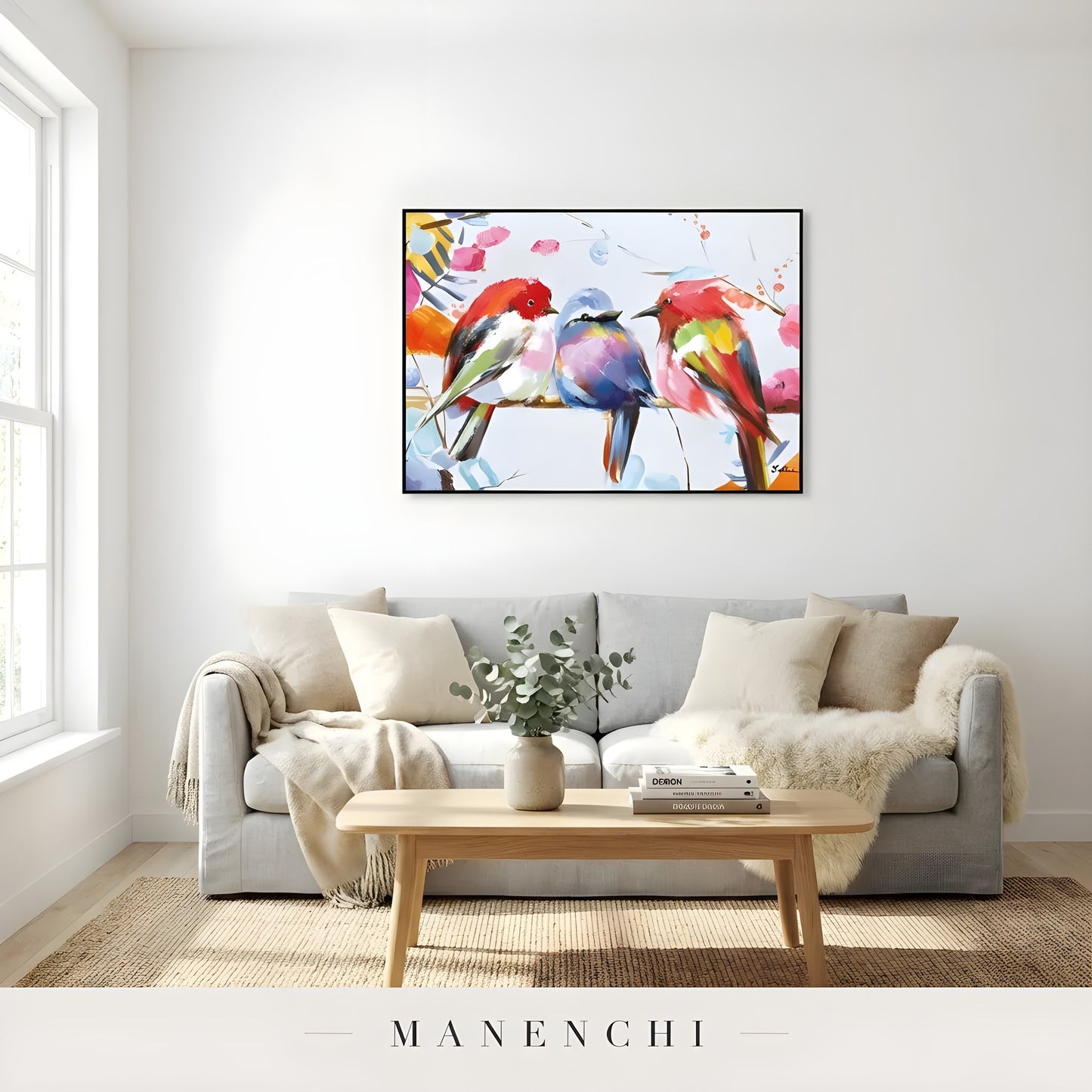 Avian Prism Trio abstract painting displayed in living room sofa display