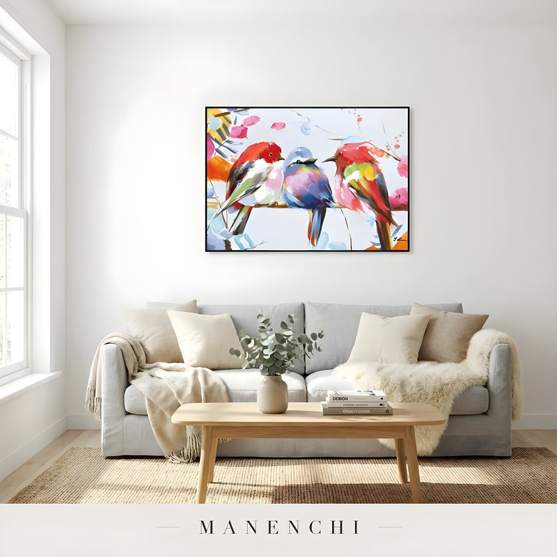 Avian Prism Trio abstract painting displayed in living room sofa display