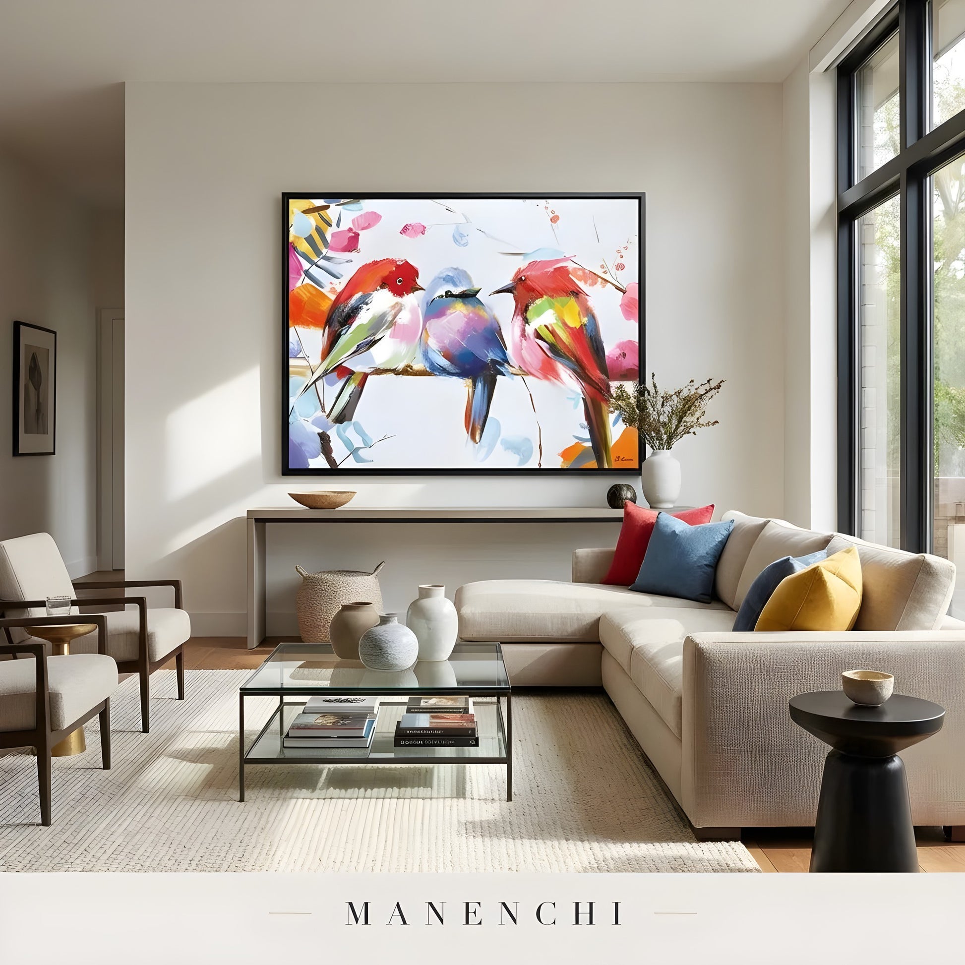 Avian Prism Trio abstract painting displayed in spacious modern living room