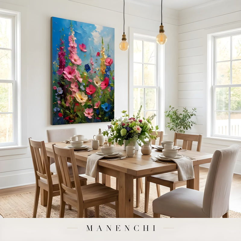 Azure Botanical Rhapsody abstract painting displayed in farmhouse dining room