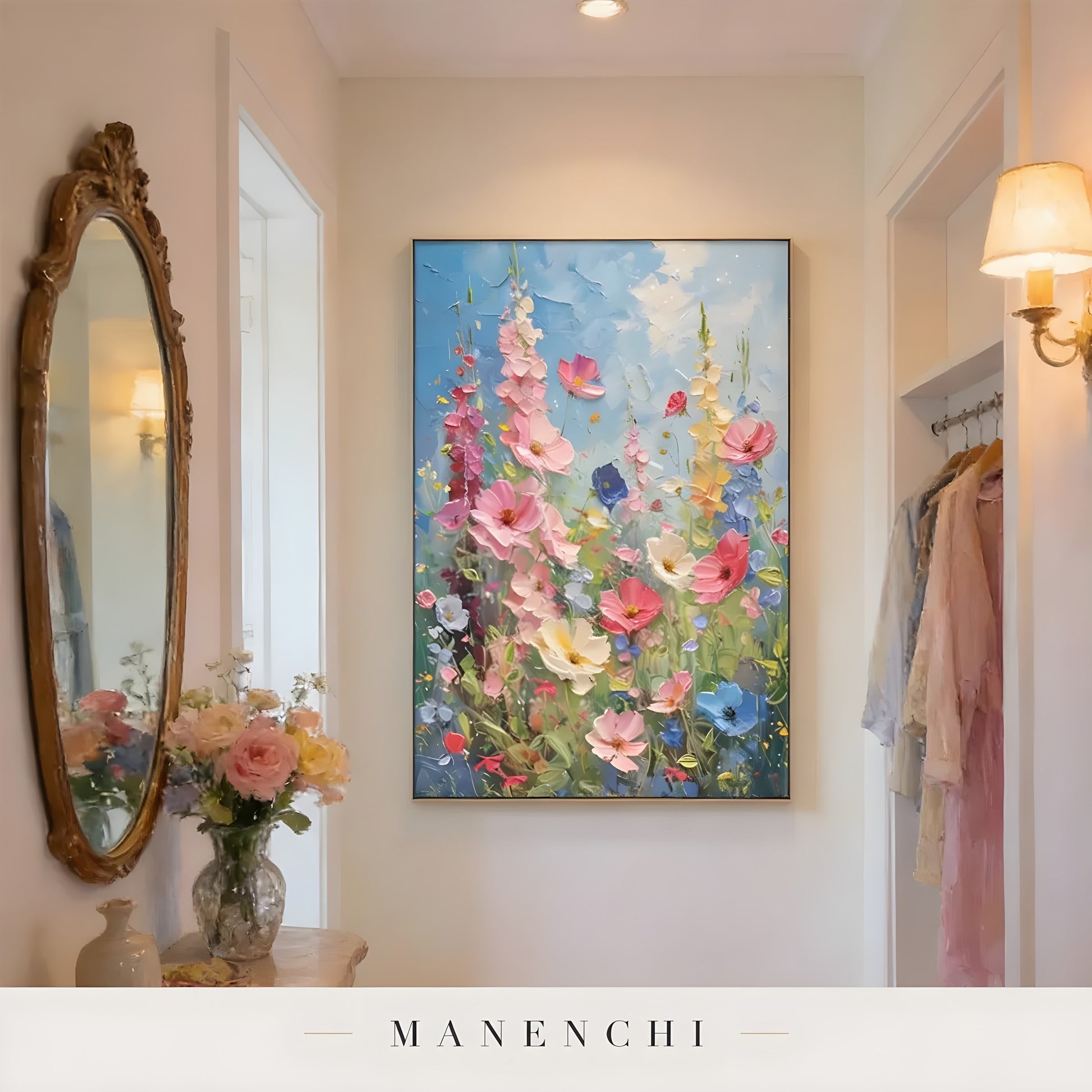 Azure Botanical Rhapsody abstract painting displayed in hallway gallery wall