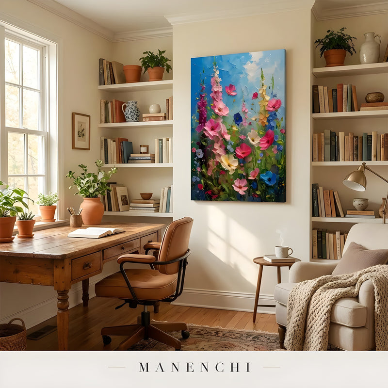 Azure Botanical Rhapsody abstract painting displayed in home office decor