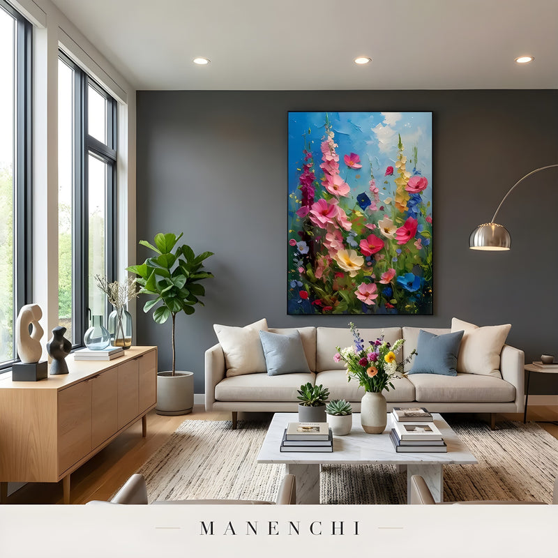 Azure Botanical Rhapsody abstract painting displayed in modern living room