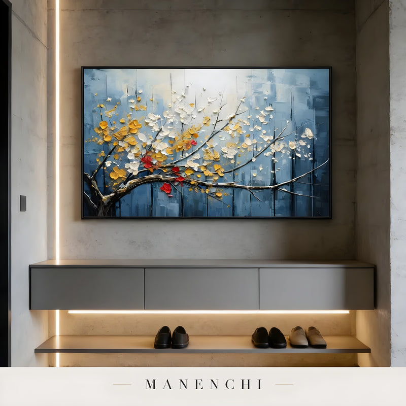 Azure Gilded Flora abstract painting displayed in entryway floating shelf display