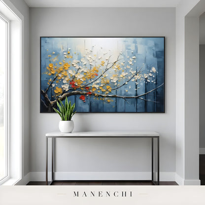 Azure Gilded Flora abstract painting displayed in hallway console table display
