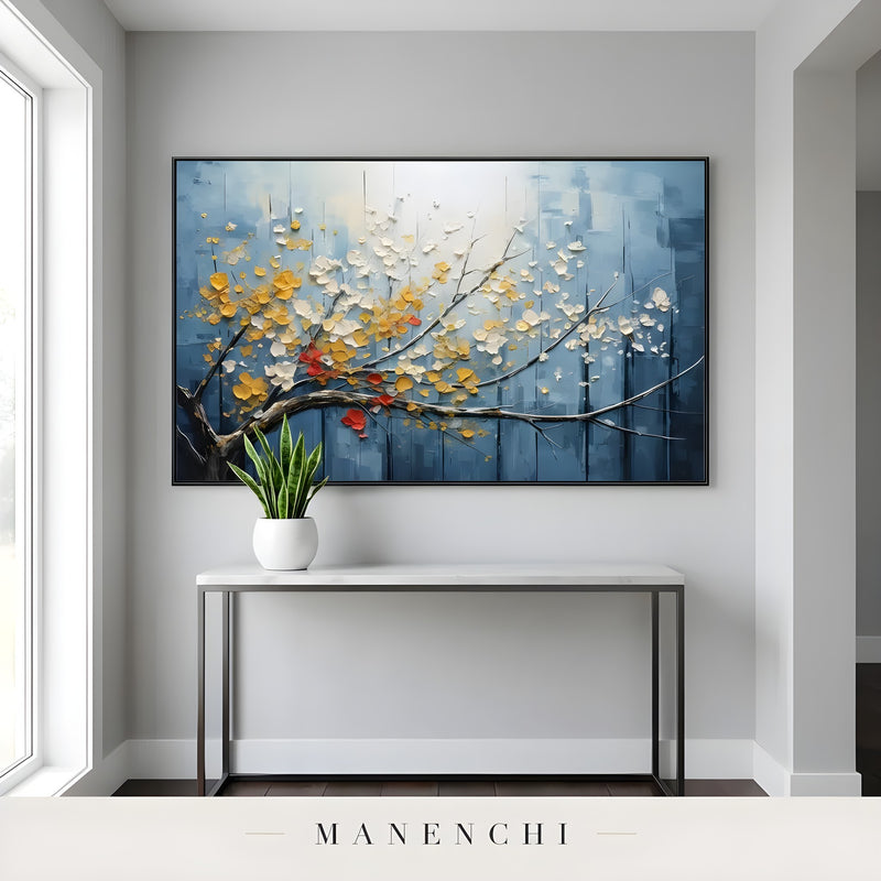 Azure Gilded Flora abstract painting displayed in hallway console table display