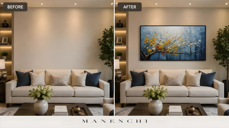 Azure Gilded Flora original hand-painted abstract painting, before and after in a styled room