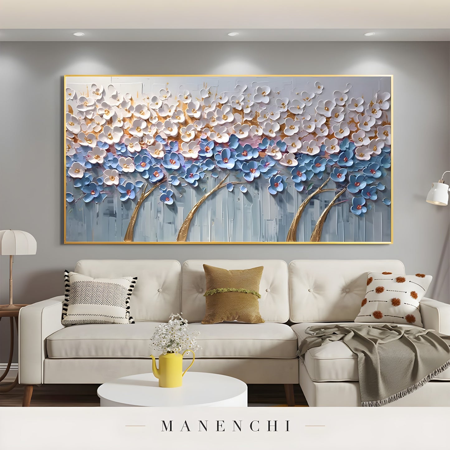 Azure Gilded Orchard abstract painting displayed in contemporary living room