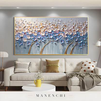 Azure Gilded Orchard abstract painting displayed in contemporary living room