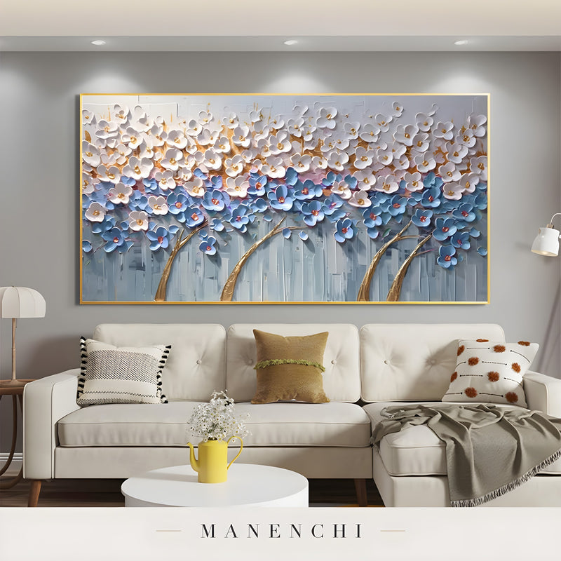Azure Gilded Orchard abstract painting displayed in contemporary living room