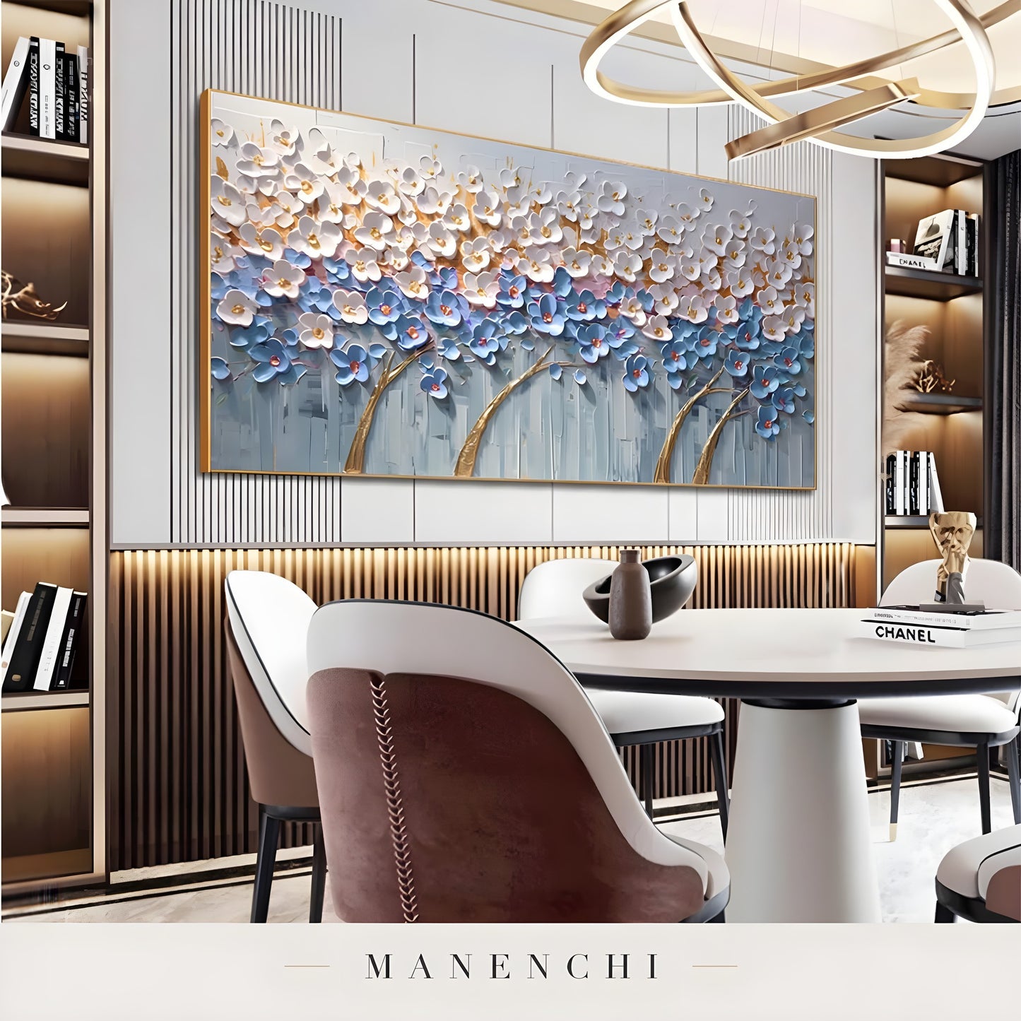 Azure Gilded Orchard abstract painting displayed in elegant dining room