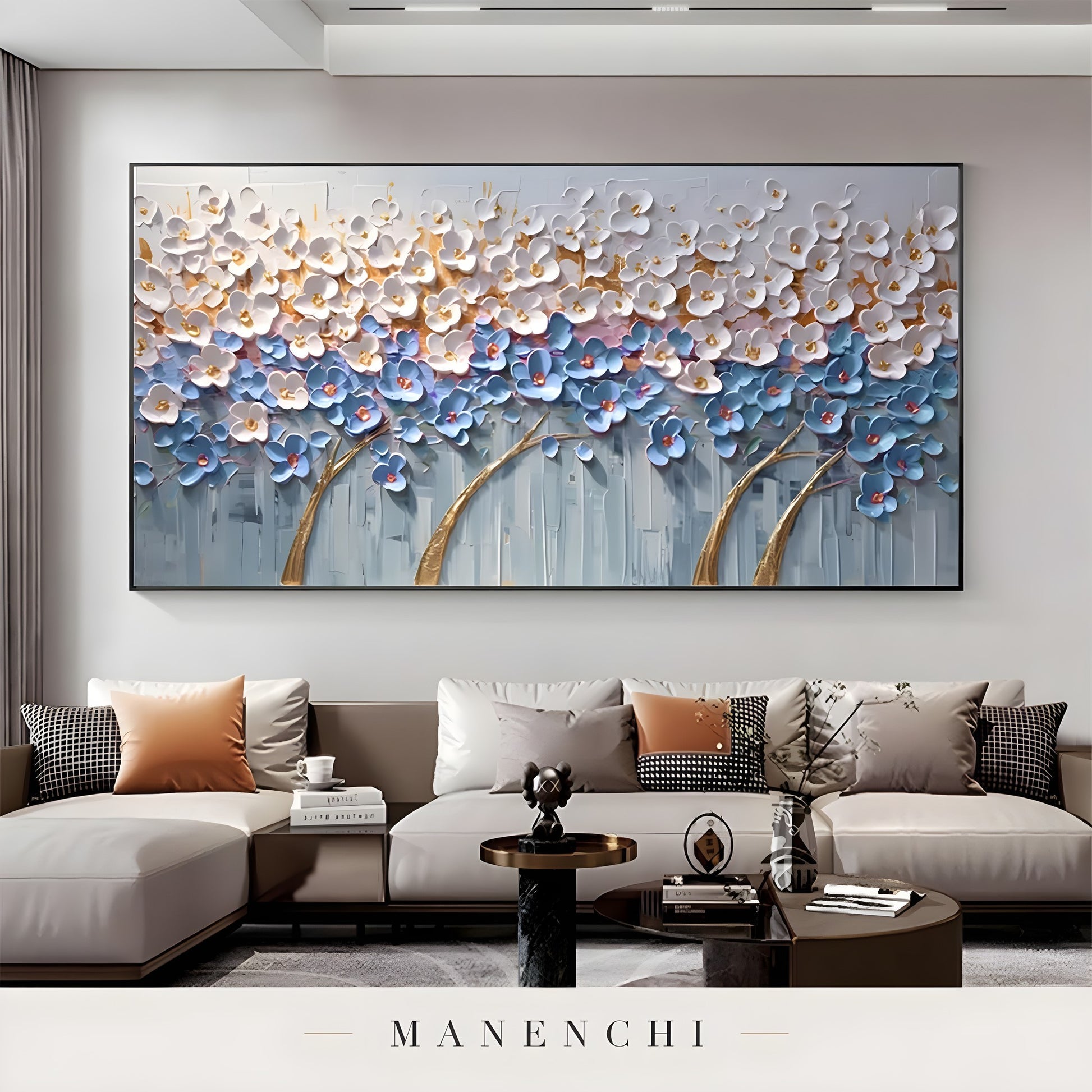 Azure Gilded Orchard abstract painting displayed in living room sofa