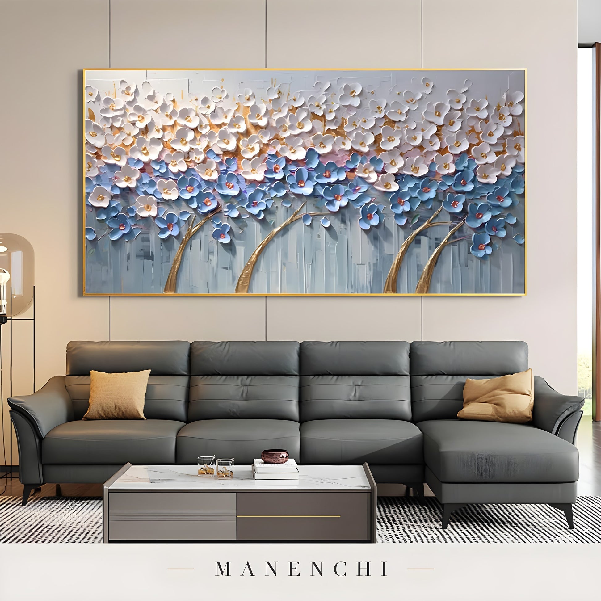 Azure Gilded Orchard abstract painting displayed in modern living room
