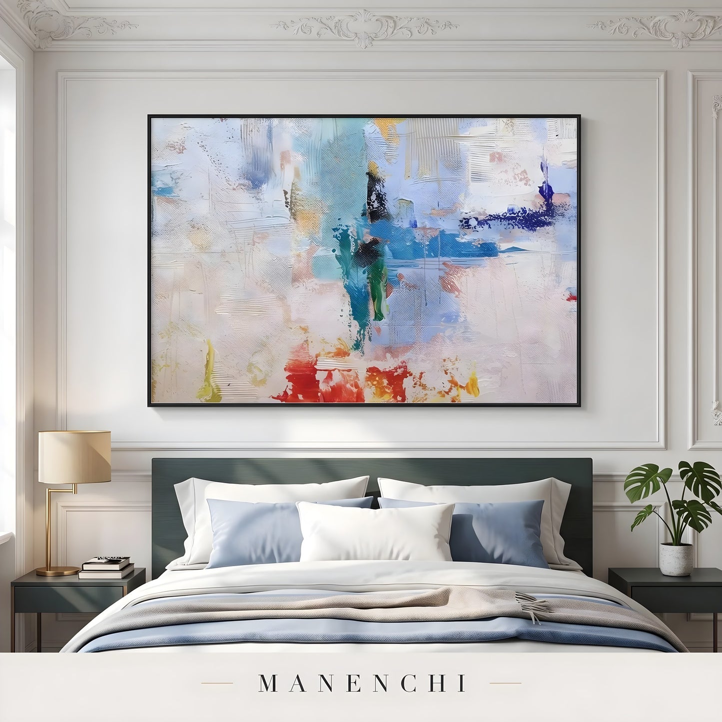 Azure Kinetic Mosaic abstract painting displayed in bedroom with painting