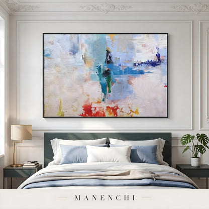 Azure Kinetic Mosaic abstract painting displayed in bedroom with painting