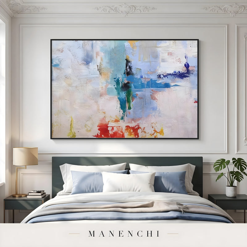 Azure Kinetic Mosaic abstract painting displayed in bedroom with painting