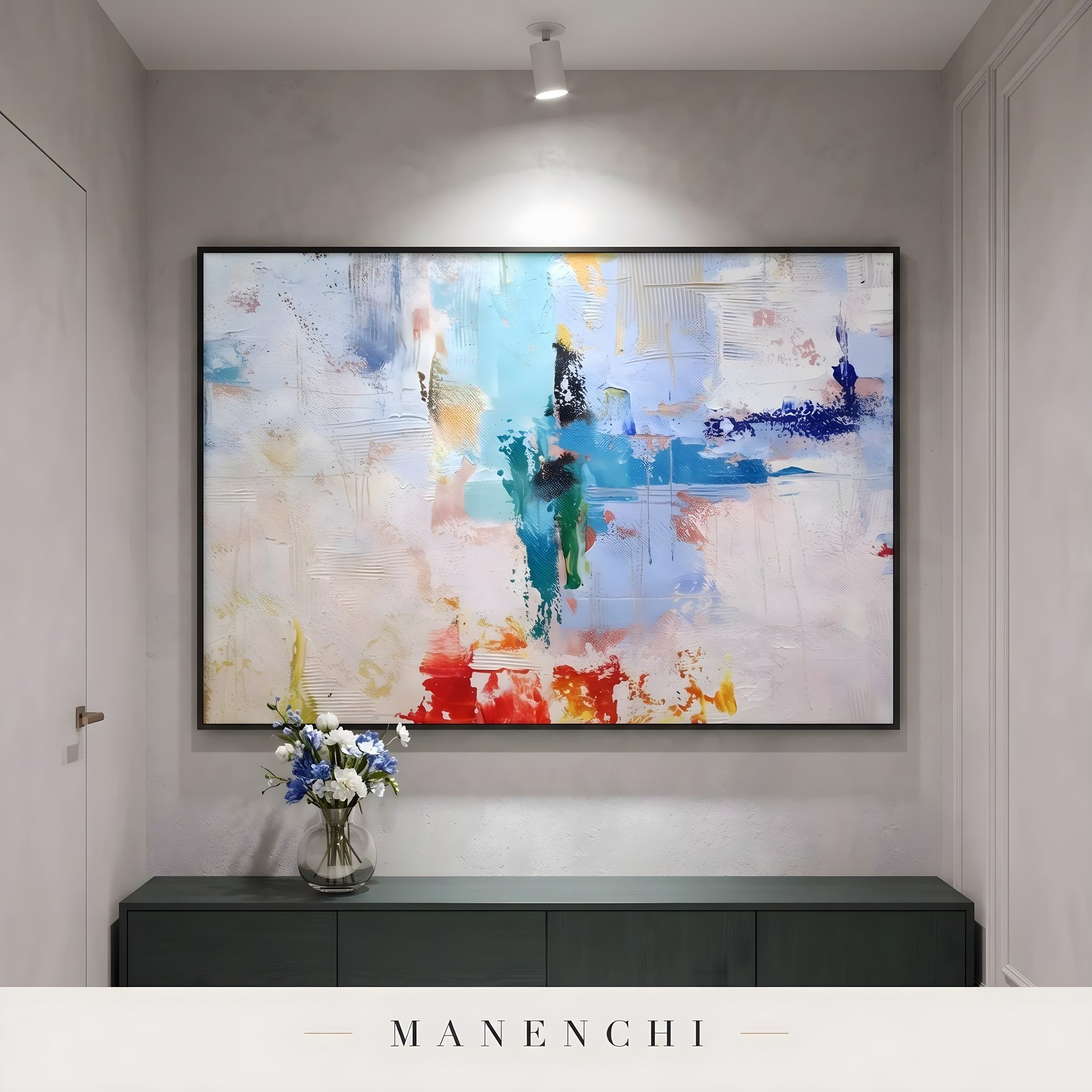 Azure Kinetic Mosaic abstract painting displayed in entryway hallway display