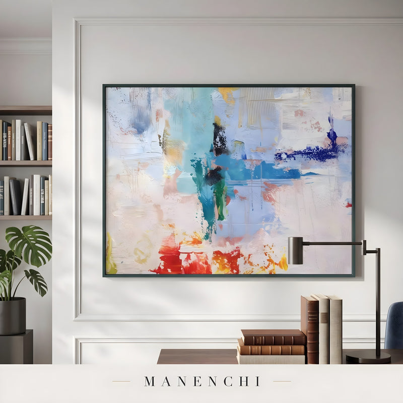 Azure Kinetic Mosaic abstract painting displayed in home office desk wall