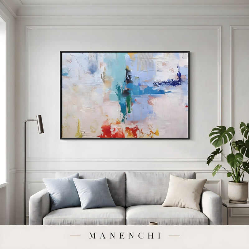 Azure Kinetic Mosaic abstract painting displayed in living room sofa display