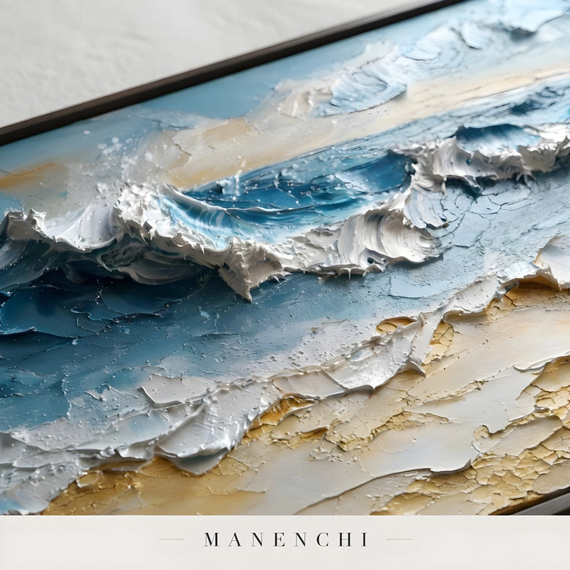 Close-up detail of the textured brushwork in Azure Kinetic Shoreline