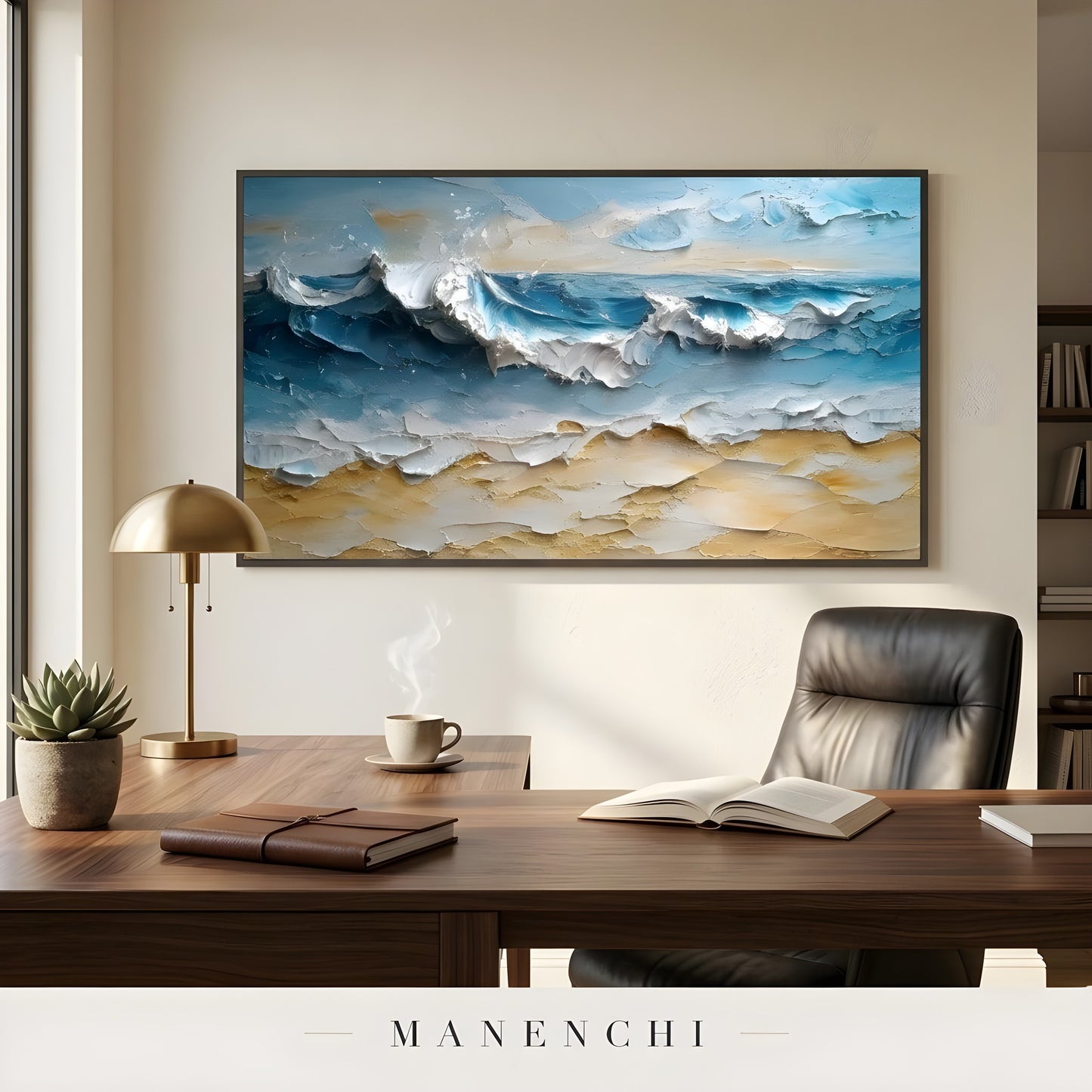Azure Kinetic Shoreline abstract painting displayed in home office decor